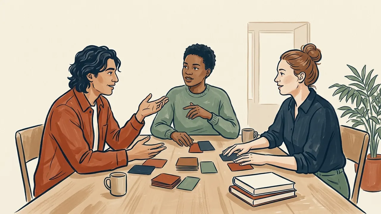 Tres personas adultas conversan alrededor de una mesa con tarjetas lisas y libros.