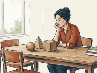 Una persona adulta observa una esfera, una pirámide y un cubo de madera sobre una mesa.