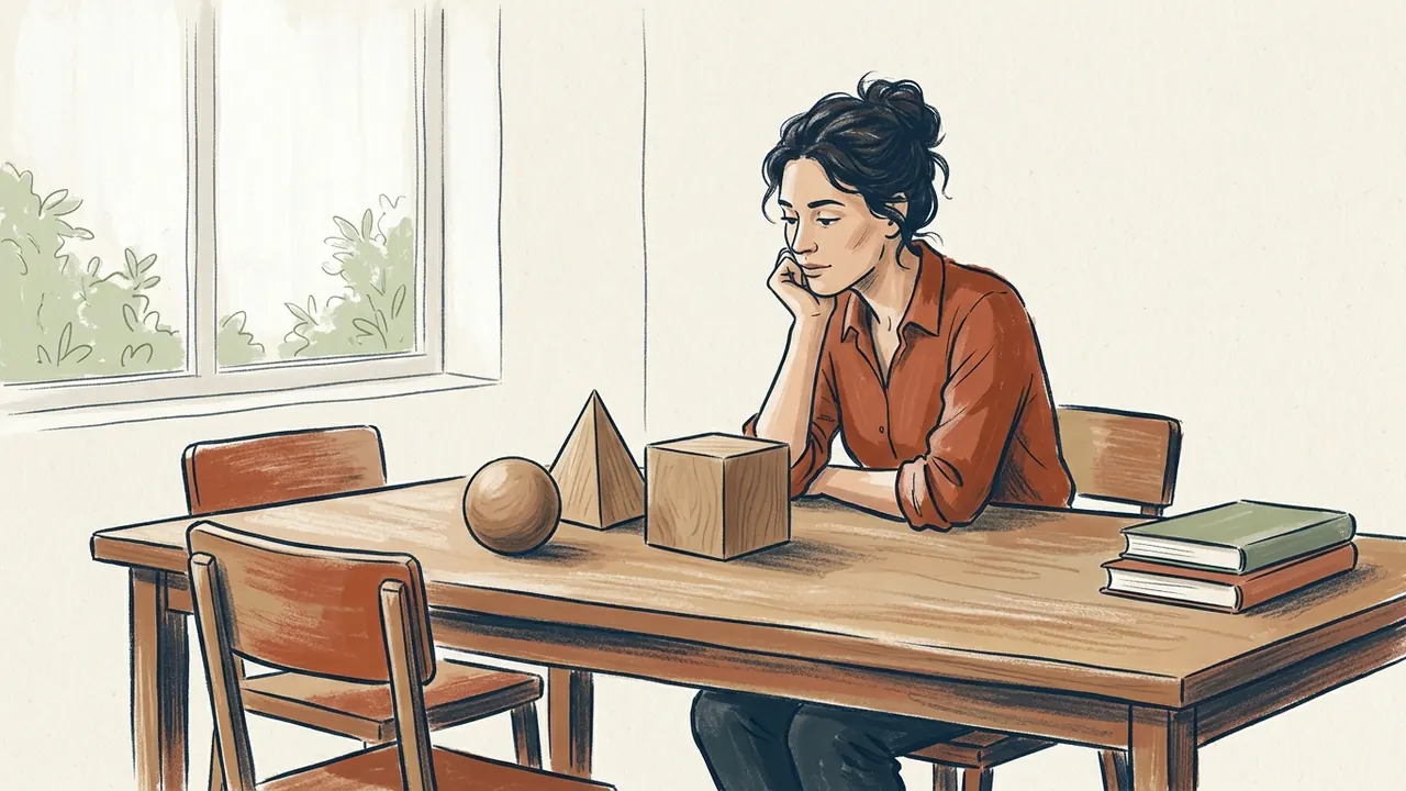 Una persona adulta observa una esfera, una pirámide y un cubo de madera sobre una mesa.