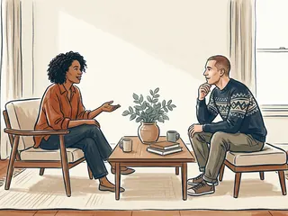 Dos personas conversan junto a una mesa con libros y una planta.