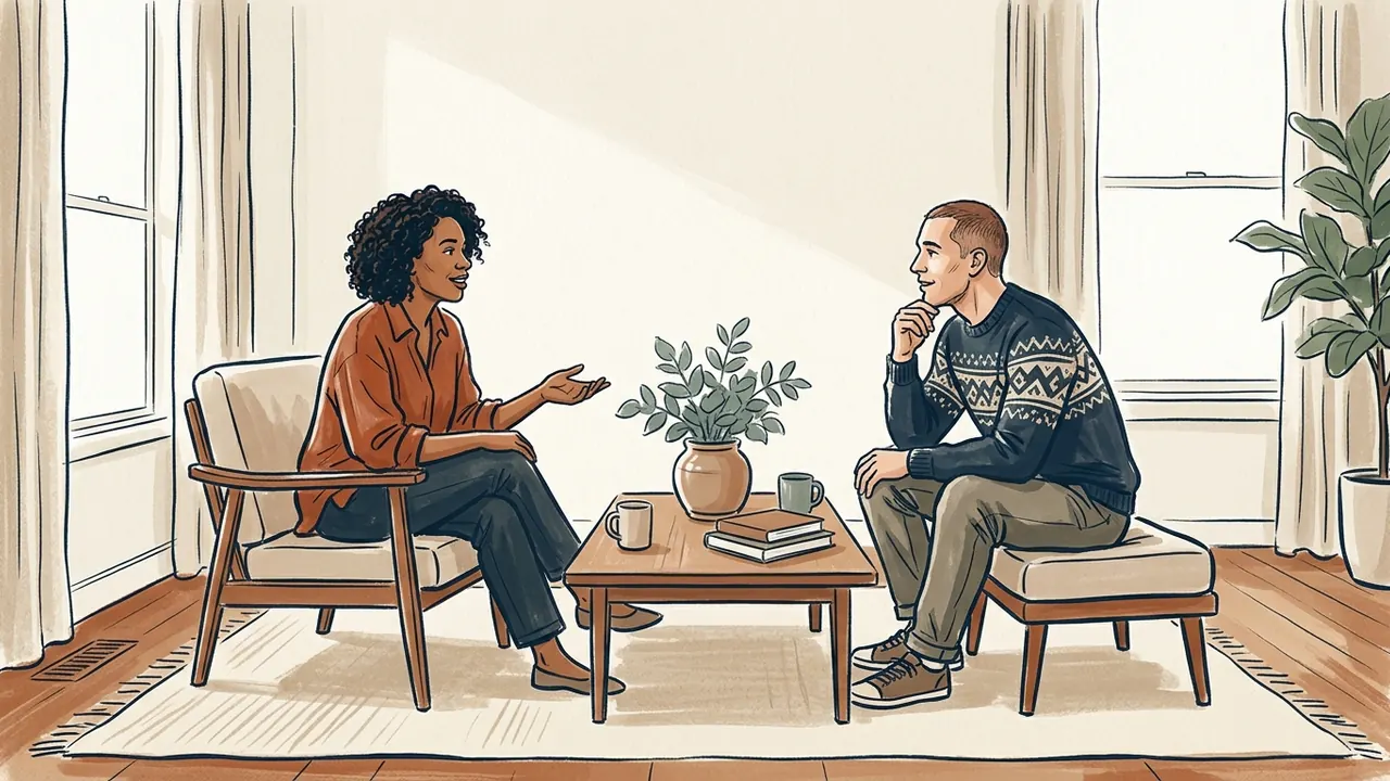 Dos personas conversan junto a una mesa con libros y una planta.