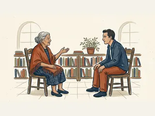 Una mujer mayor cuenta una historia a un hombre sentado frente a ella en una biblioteca.