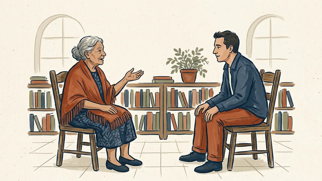 Una mujer mayor cuenta una historia a un hombre sentado frente a ella en una biblioteca.