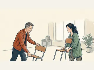 Dos adultos colocan sillas para una conversación en una sala comunitaria.