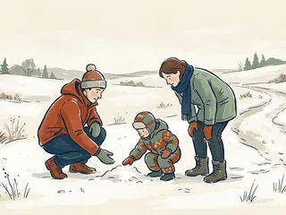Dos personas adultas acompañan a un menor que toca la nieve junto a un sendero en terreno llano.