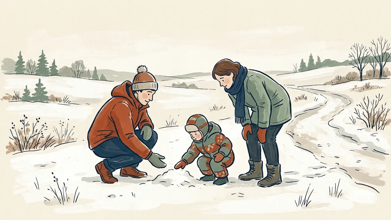 Dos personas adultas acompañan a un menor que toca la nieve junto a un sendero en terreno llano.