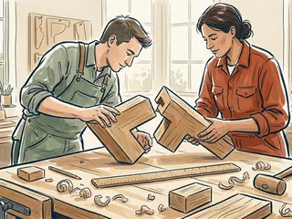 Dos personas comparan piezas geométricas de madera sobre una mesa de taller, junto a una regla sin cifras.