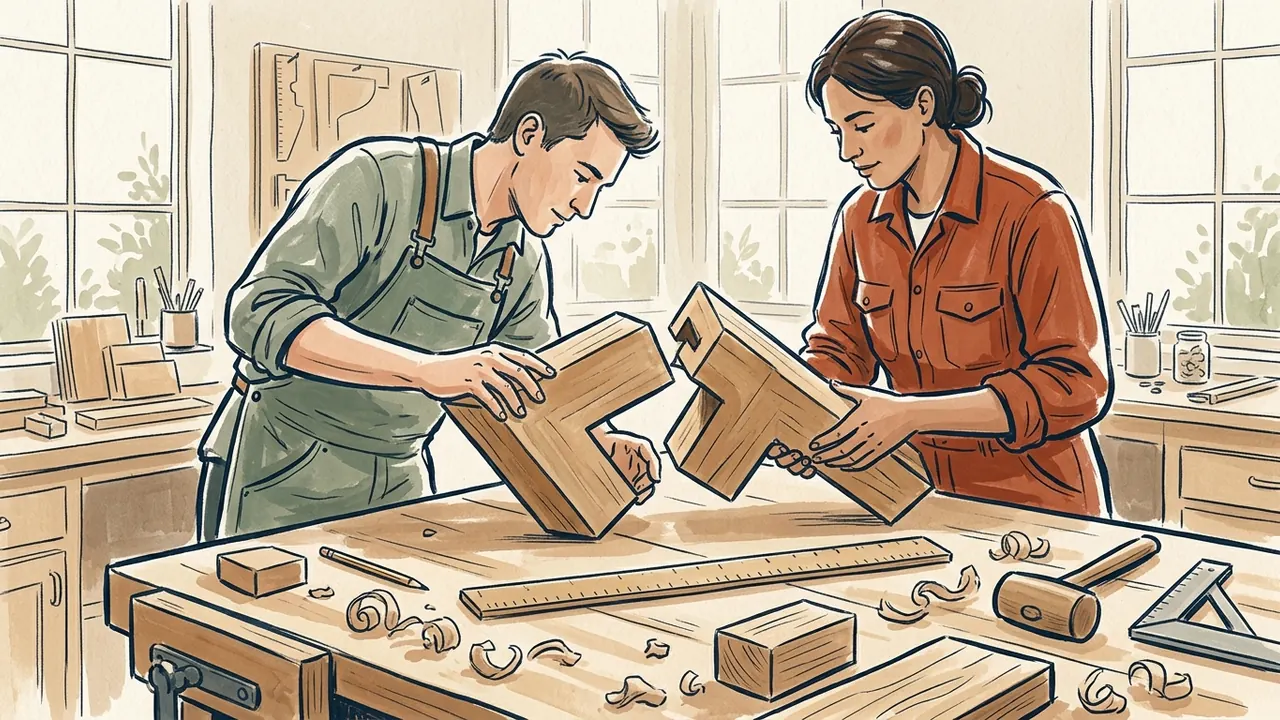 Dos personas comparan piezas geométricas de madera sobre una mesa de taller, junto a una regla sin cifras.