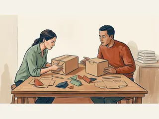 Dos personas comparan cajas de cartón lisas junto a piezas y plantillas geométricas de papel.