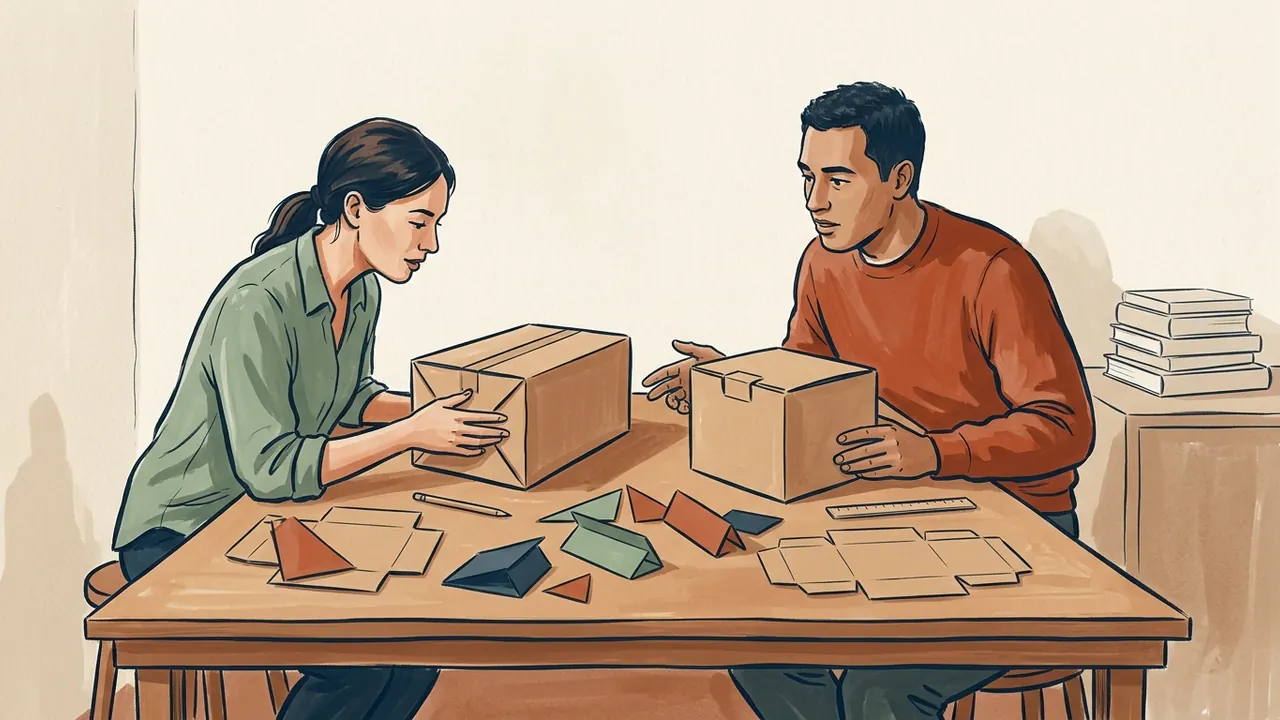 Dos personas comparan cajas de cartón lisas junto a piezas y plantillas geométricas de papel.