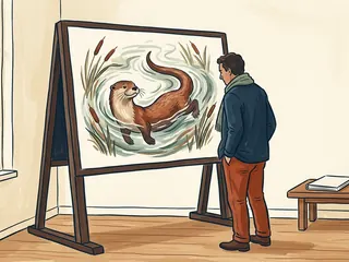Una persona observa una ilustración de una nutria entre plantas acuáticas.