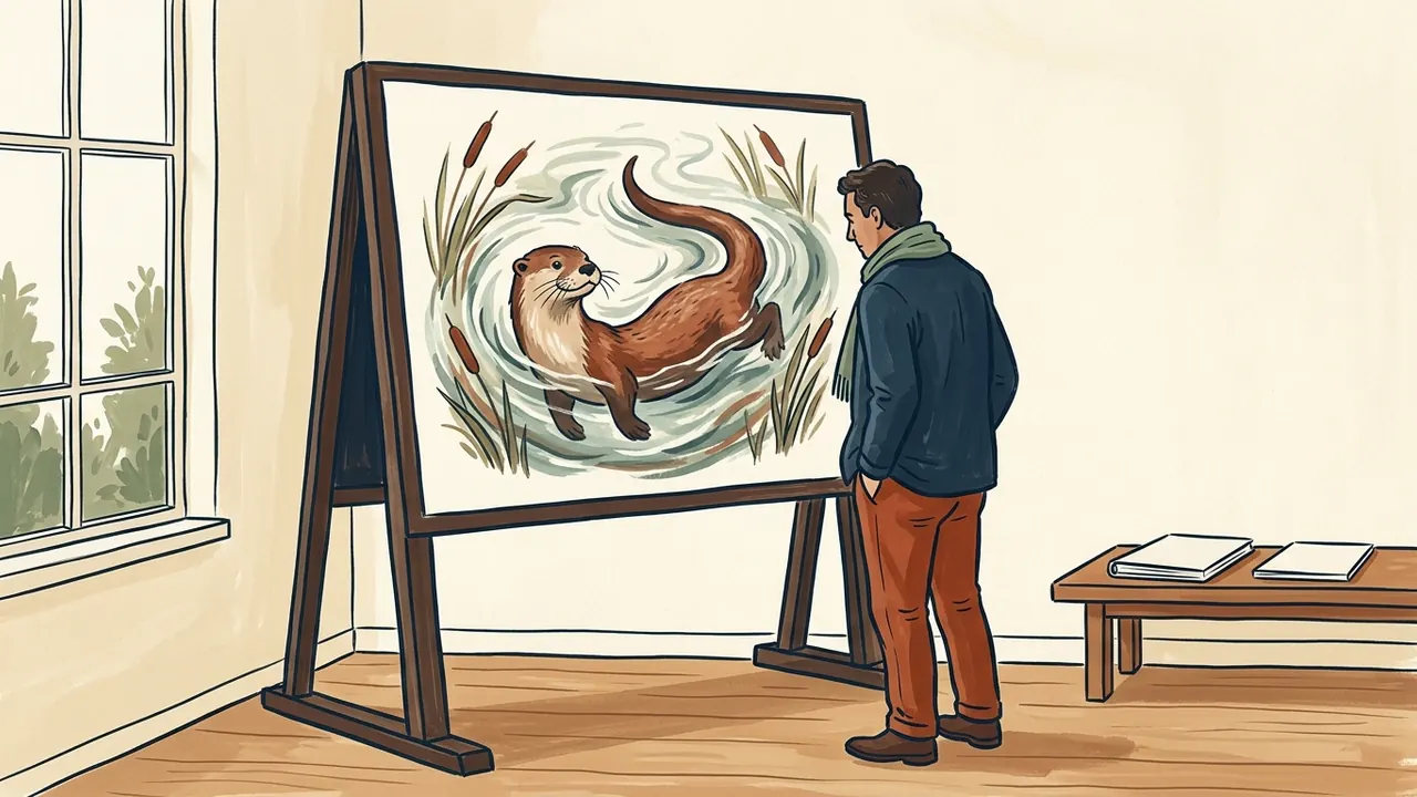 Una persona observa una ilustración de una nutria entre plantas acuáticas.