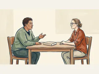Dos personas adultas de distintas constituciones conversan ante un libro cerrado sobre una mesa.