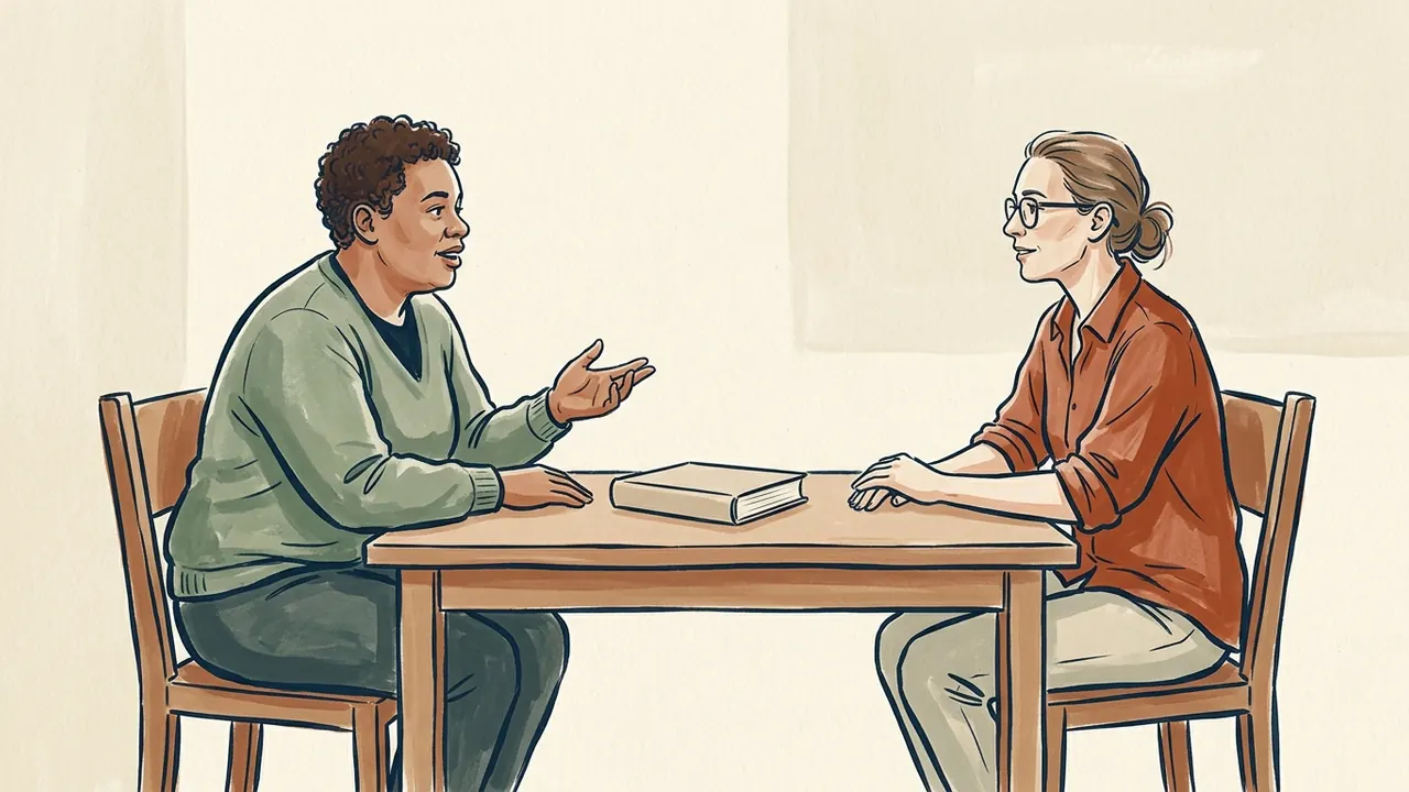 Dos personas adultas de distintas constituciones conversan ante un libro cerrado sobre una mesa.