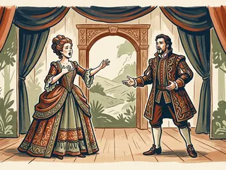 Dos intérpretes cantan en un escenario ficticio con cortinas y un arco de madera.