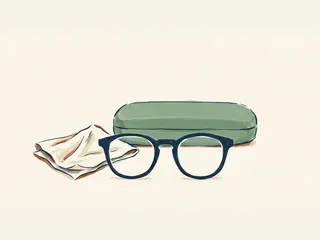 Montura azul de gafas vista de frente, con un estuche verde cerrado y un paño claro.