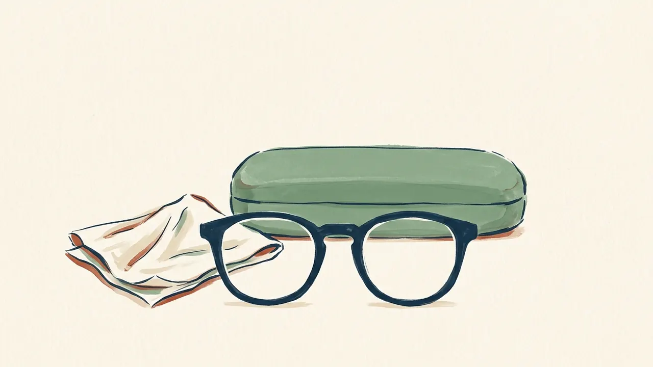 Montura azul de gafas vista de frente, con un estuche verde cerrado y un paño claro.