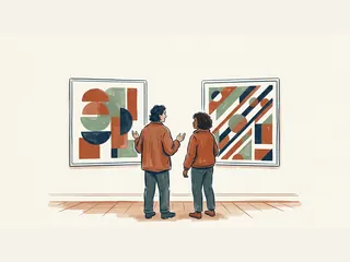 Dos personas adultas observan dos cuadros de formas geométricas.