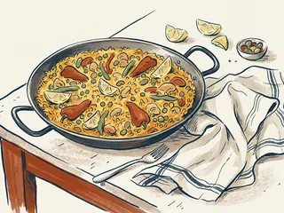 Ilustración de un arroz en un recipiente ancho con dos asas sobre una mesa y un paño.