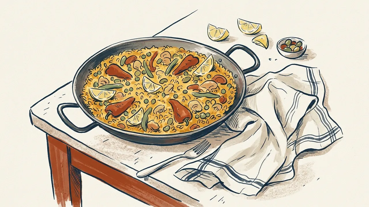 Ilustración de un arroz en un recipiente ancho con dos asas sobre una mesa y un paño.