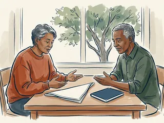 Dos personas conversan junto a una pañoleta doblada y un cuaderno cerrado.