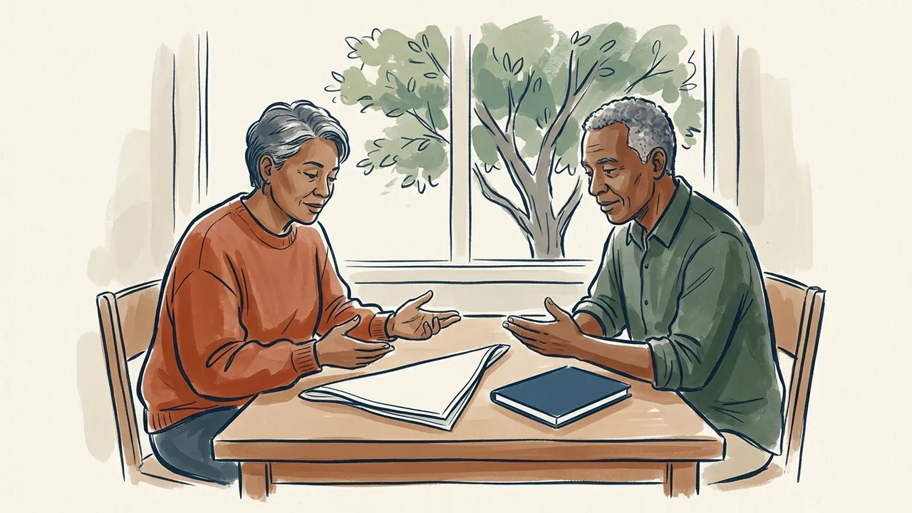 Dos personas conversan junto a una pañoleta doblada y un cuaderno cerrado.