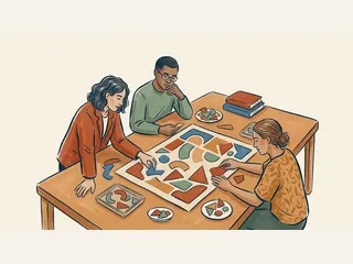 Tres personas adultas colaboran en una composición de piezas geométricas sobre una mesa.