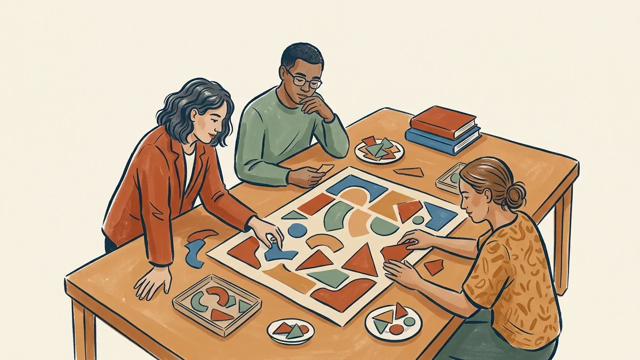 Tres personas adultas colaboran en una composición de piezas geométricas sobre una mesa.