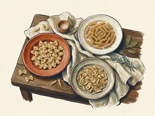 Tres platos de cerámica contienen distintas formas de pasta seca sobre una mesa de madera.