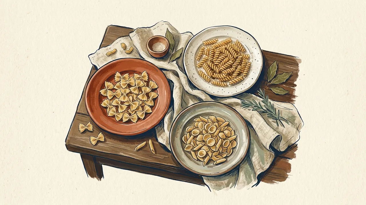 Tres platos de cerámica contienen distintas formas de pasta seca sobre una mesa de madera.