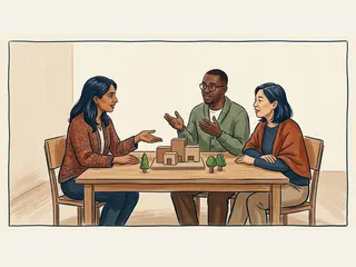 Tres personas adultas conversan alrededor de una maqueta sencilla de edificios y árboles.