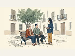 Tres personas adultas de distintas edades conversan junto a un banco en una plaza española.