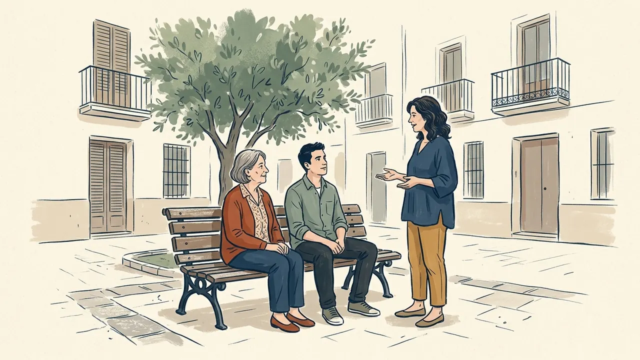 Tres personas adultas de distintas edades conversan junto a un banco en una plaza española.