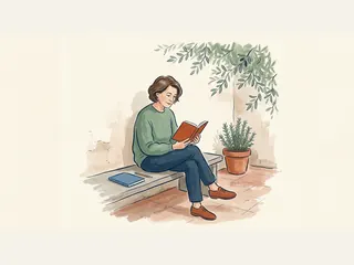 Mujer leyendo un libro en un banco de un patio, junto a un cuaderno y una maceta.