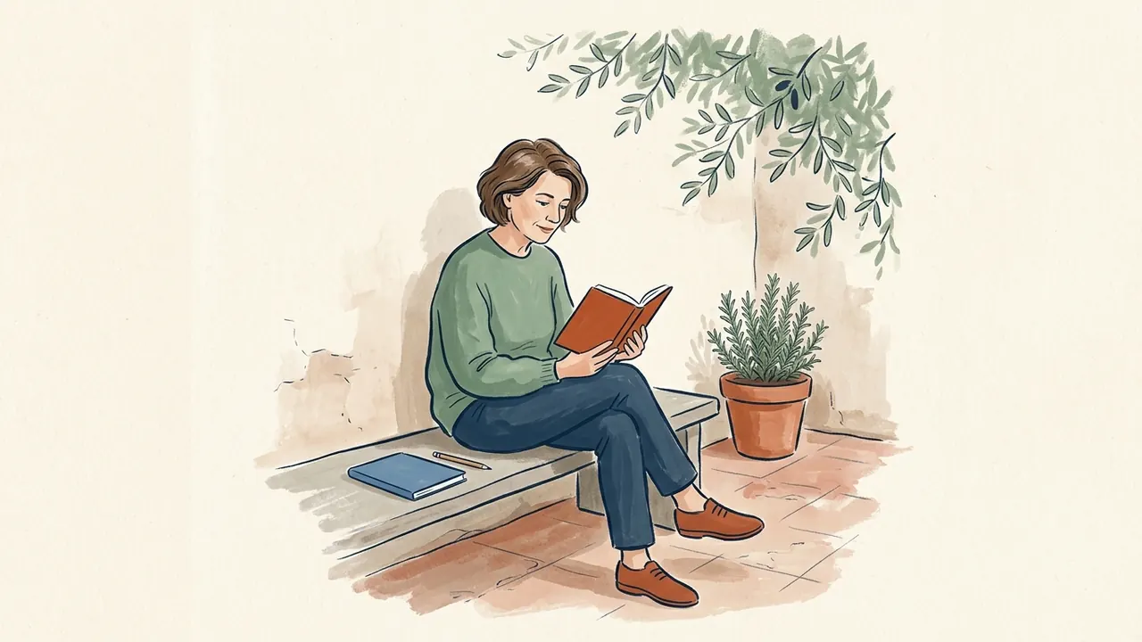 Mujer leyendo un libro en un banco de un patio, junto a un cuaderno y una maceta.