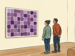 Dos personas adultas contemplan un panel de cuadrados violetas en una sala cultural.