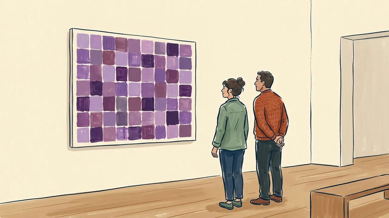 Dos personas adultas contemplan un panel de cuadrados violetas en una sala cultural.