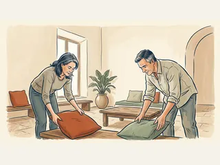 Dos adultos colocan cojines en una sala preparada para un encuentro familiar.