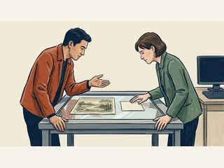 Dos personas observan un dibujo de paisaje y una ficha lisa junto a un ordenador apagado.