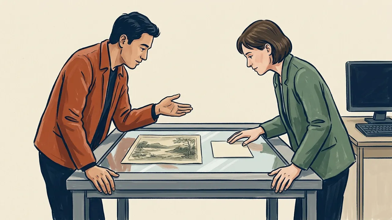 Dos personas observan un dibujo de paisaje y una ficha lisa junto a un ordenador apagado.