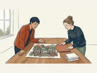 Dos personas observan una ilustración de un bosque sobre una mesa, junto a una carpeta cerrada.