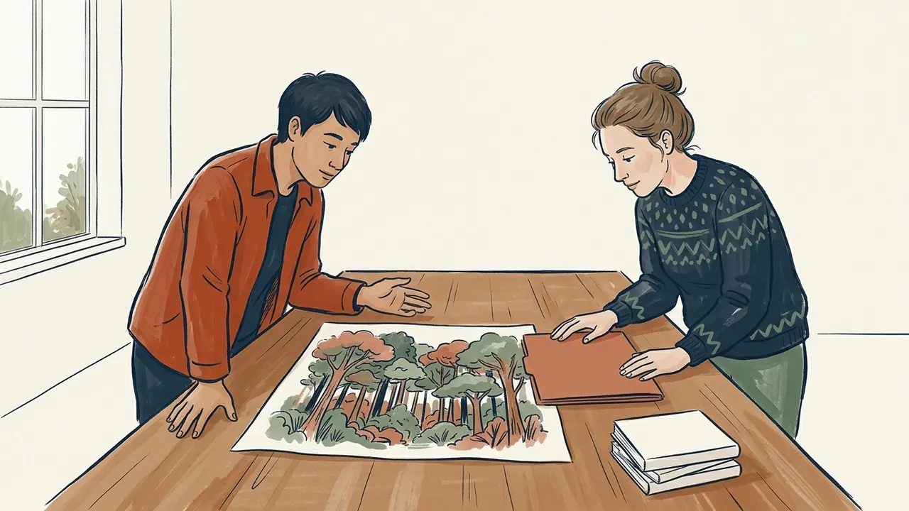 Dos personas observan una ilustración de un bosque sobre una mesa, junto a una carpeta cerrada.
