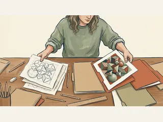 Una persona compara un boceto geométrico con un dibujo terminado.