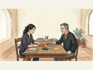 Dos adultos de piel clara conversan y eligen tarjetas de colores en un centro comunitario.
