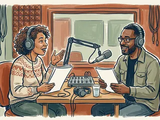 Dos personas conversan ante un micrófono en un estudio de radio ficticio.