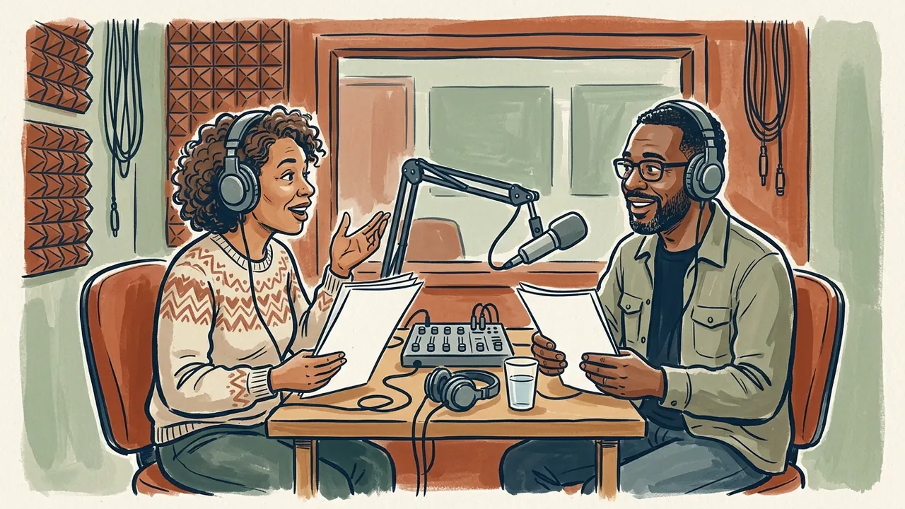 Dos personas conversan ante un micrófono en un estudio de radio ficticio.