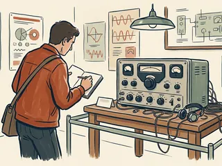 Una persona toma notas ante un receptor de radio ficticio en una exposición.