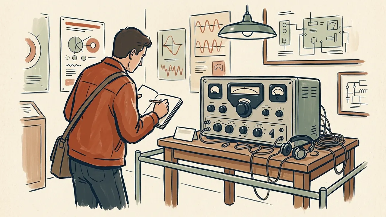Una persona toma notas ante un receptor de radio ficticio en una exposición.