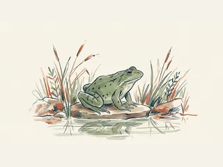 Rana verde sobre una piedra junto a una charca con juncos.