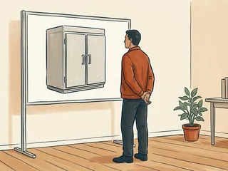 Una persona observa un panel con la ilustración de un equipo frigorífico cerrado y sin marcas.